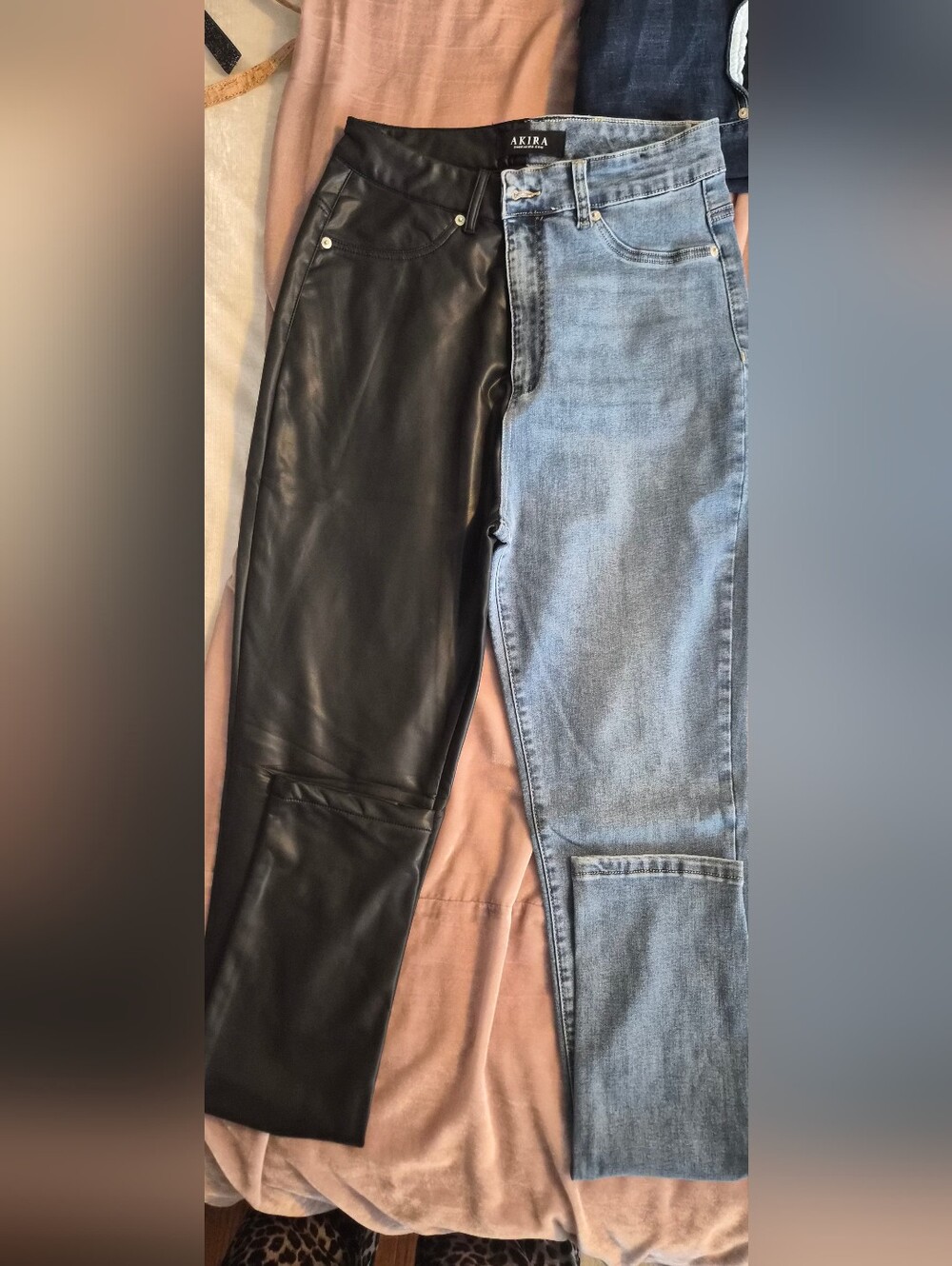 AKIRA Black Faux Leather & Light Blue Denim Split-Style Jeans